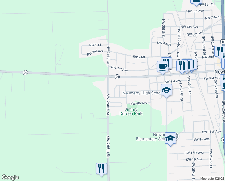 map of restaurants, bars, coffee shops, grocery stores, and more near 160 Southwest 265 Terrace in Newberry