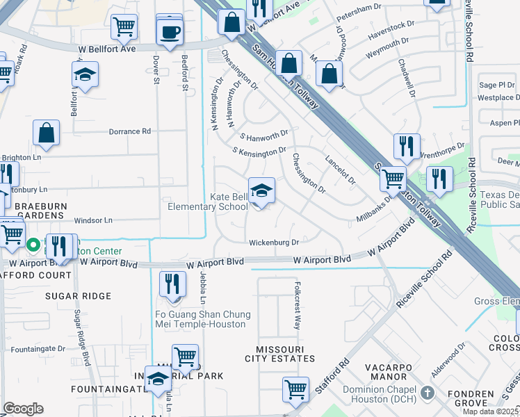 map of restaurants, bars, coffee shops, grocery stores, and more near 12323 Shaftsbury Drive in Houston