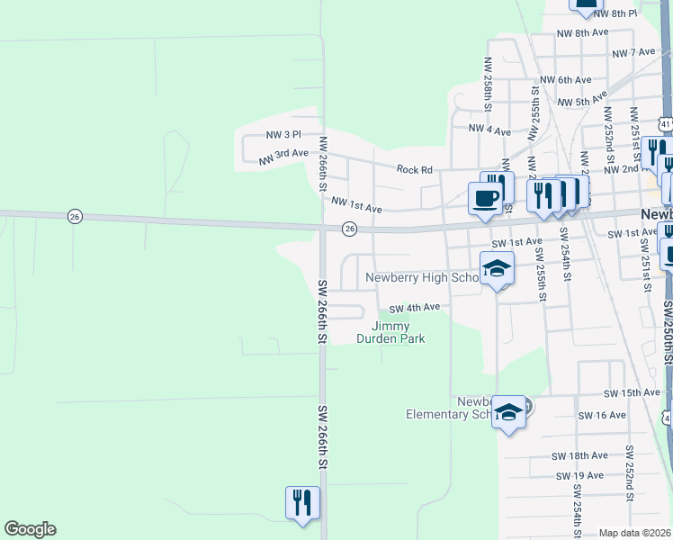 map of restaurants, bars, coffee shops, grocery stores, and more near 160 Southwest 265 Terrace in Newberry
