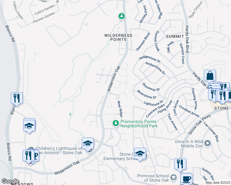 map of restaurants, bars, coffee shops, grocery stores, and more near 21710 Beaver Bend Court in San Antonio