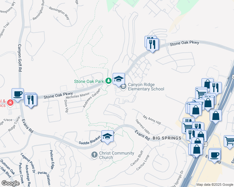 map of restaurants, bars, coffee shops, grocery stores, and more near 20522 Stone Oak Parkway in San Antonio