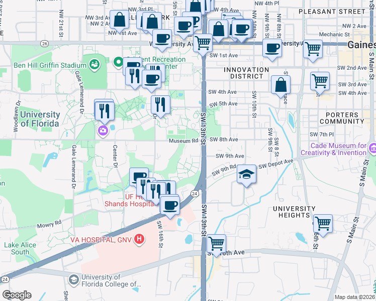 map of restaurants, bars, coffee shops, grocery stores, and more near in Gainesville