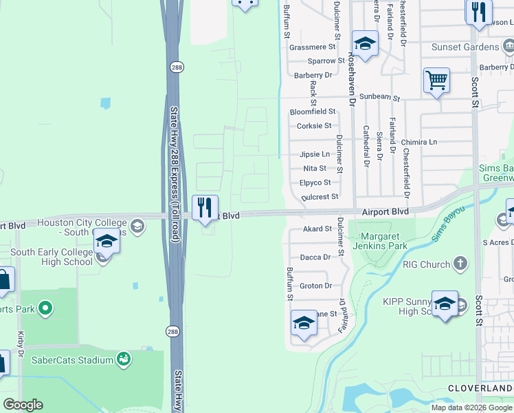 map of restaurants, bars, coffee shops, grocery stores, and more near 3074-3084 Airport Blvd in Houston