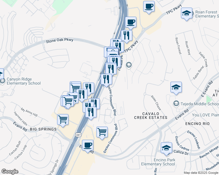 map of restaurants, bars, coffee shops, grocery stores, and more near 21918 Encino Commons in San Antonio