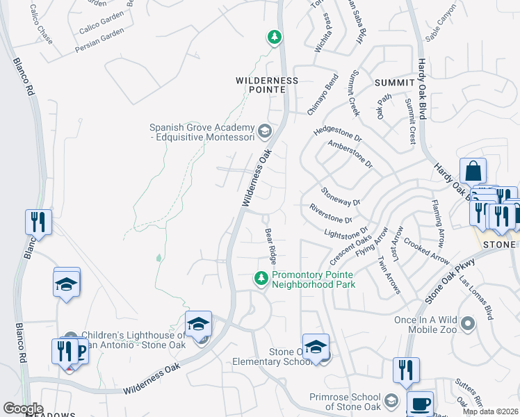 map of restaurants, bars, coffee shops, grocery stores, and more near 21710 Beaver Bend Court in San Antonio