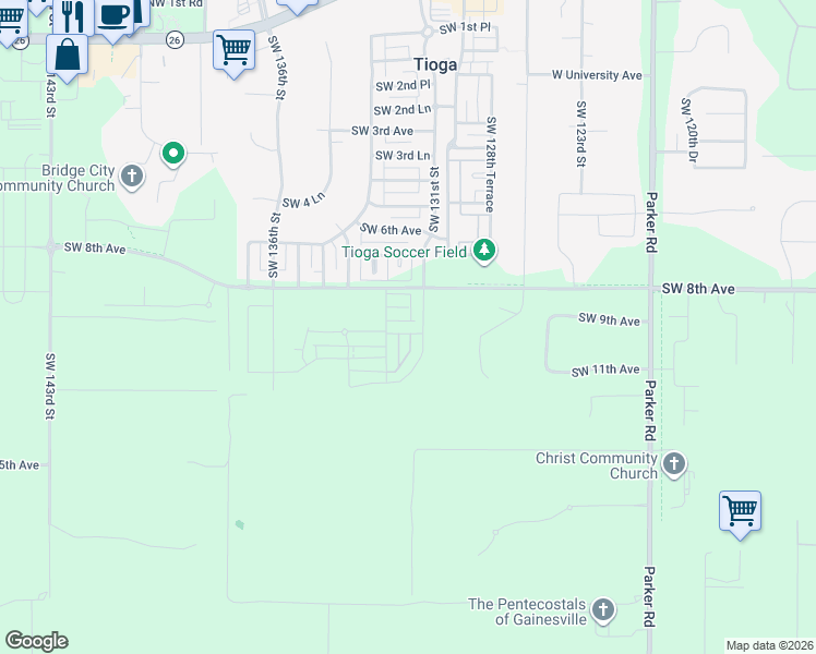 map of restaurants, bars, coffee shops, grocery stores, and more near 914 Southwest 131st Street in Newberry