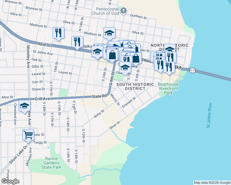 map of restaurants, bars, coffee shops, grocery stores, and more near 607 Crill Avenue in Palatka