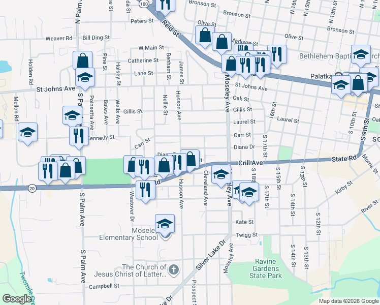 map of restaurants, bars, coffee shops, grocery stores, and more near 2113 Diana Drive in Palatka