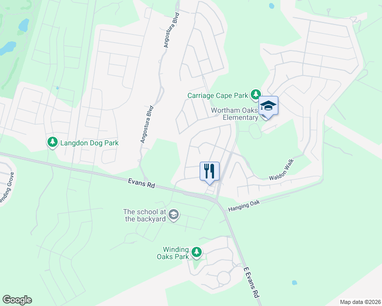 map of restaurants, bars, coffee shops, grocery stores, and more near 5502 Waldon Walk in San Antonio