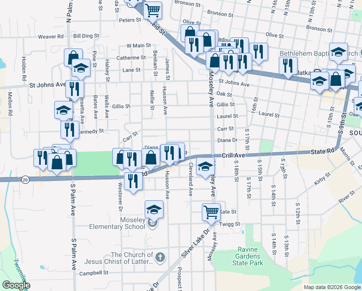 map of restaurants, bars, coffee shops, grocery stores, and more near 2113 Diana Drive in Palatka