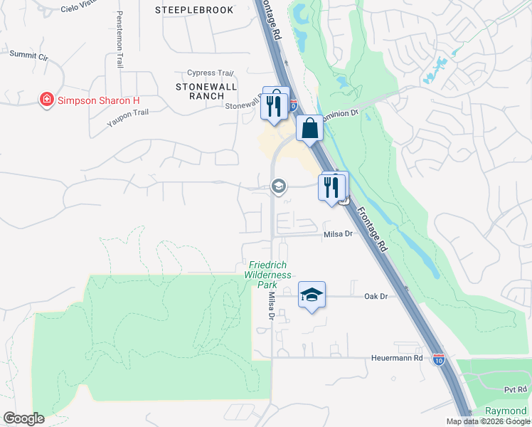 map of restaurants, bars, coffee shops, grocery stores, and more near 21702 Granada Hill in San Antonio
