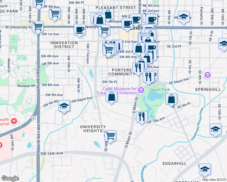 map of restaurants, bars, coffee shops, grocery stores, and more near 405 Southwest 8th Avenue in Gainesville
