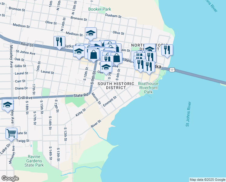 map of restaurants, bars, coffee shops, grocery stores, and more near 516 Kirby Street in Palatka