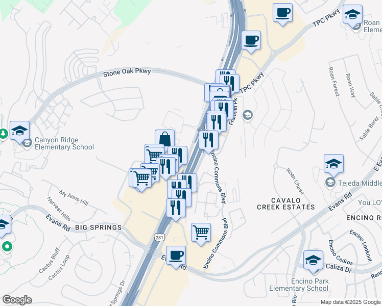 map of restaurants, bars, coffee shops, grocery stores, and more near 21891 U.S. 281 in San Antonio