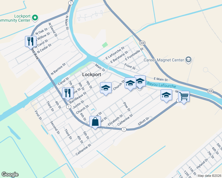 map of restaurants, bars, coffee shops, grocery stores, and more near 101-199 Justin Street in Lockport