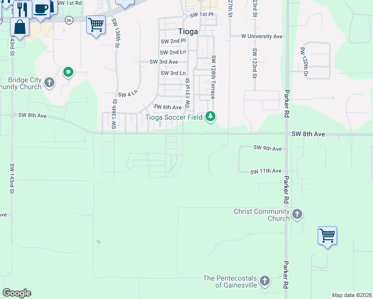 map of restaurants, bars, coffee shops, grocery stores, and more near 933 Southwest 131st Street in Newberry