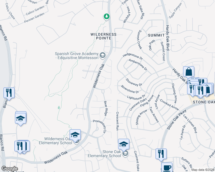map of restaurants, bars, coffee shops, grocery stores, and more near 21819 Prospect Hill in San Antonio