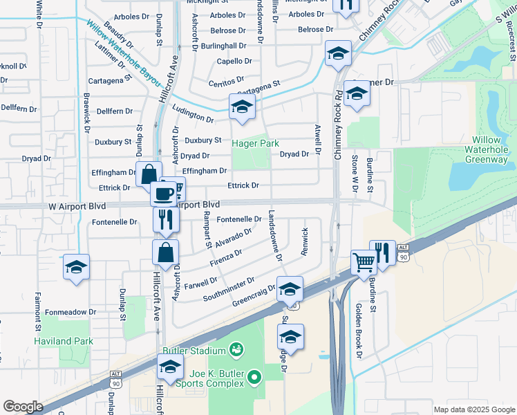map of restaurants, bars, coffee shops, grocery stores, and more near 5711 West Airport Boulevard in Houston