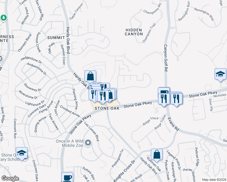 map of restaurants, bars, coffee shops, grocery stores, and more near 21703 Rugged Hills in San Antonio