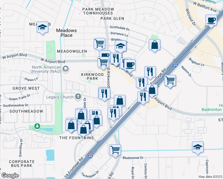 map of restaurants, bars, coffee shops, grocery stores, and more near 12371 South Kirkwood Road in Stafford