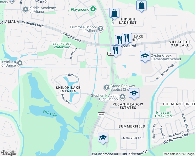 map of restaurants, bars, coffee shops, grocery stores, and more near 11626 Curate Wind Court in Richmond
