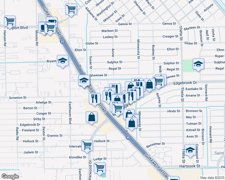 map of restaurants, bars, coffee shops, grocery stores, and more near 1221 Redford Street in Houston