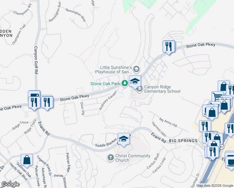 map of restaurants, bars, coffee shops, grocery stores, and more near 21815 Andrews Garden in San Antonio