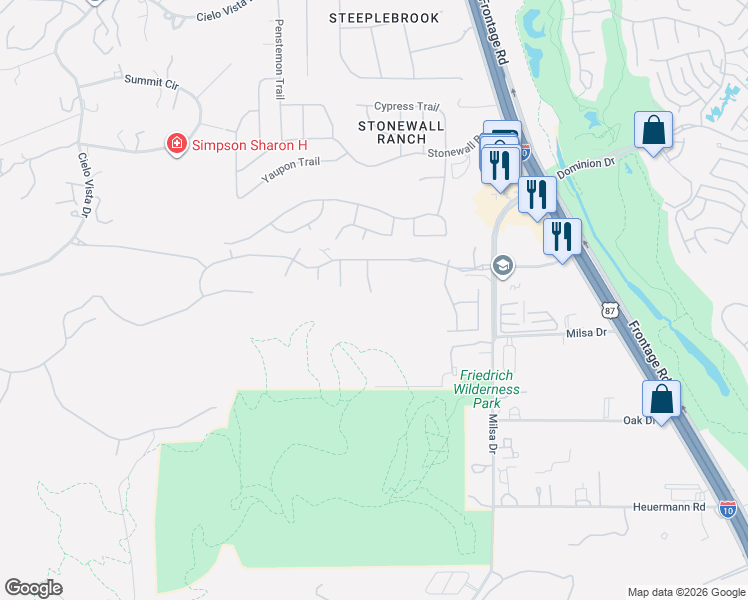map of restaurants, bars, coffee shops, grocery stores, and more near 21706 Givenchy Hill in San Antonio