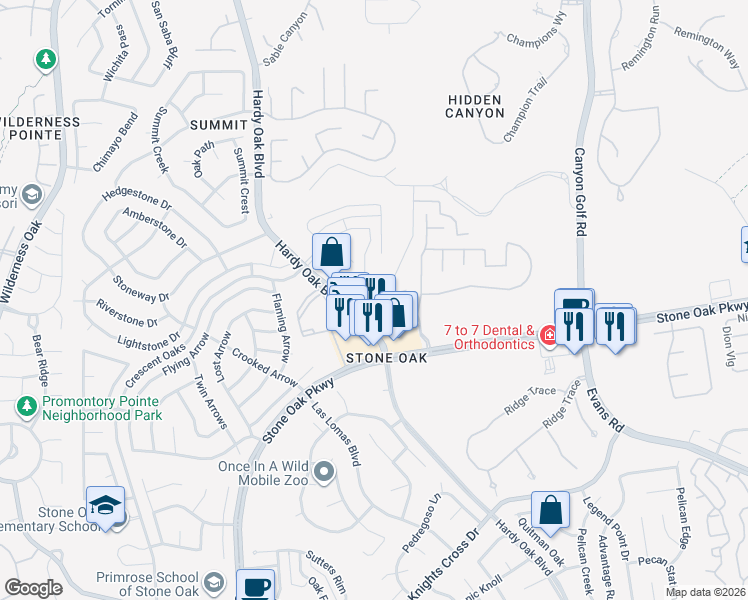map of restaurants, bars, coffee shops, grocery stores, and more near 21714 Hardy Oak Boulevard in San Antonio
