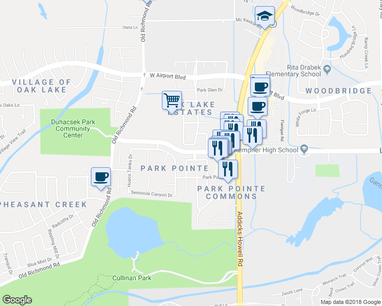 map of restaurants, bars, coffee shops, grocery stores, and more near 15267 Voss Road in Sugar Land