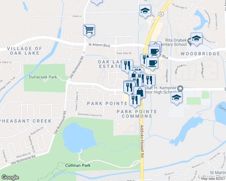 map of restaurants, bars, coffee shops, grocery stores, and more near 15295 Voss Road in Sugar Land