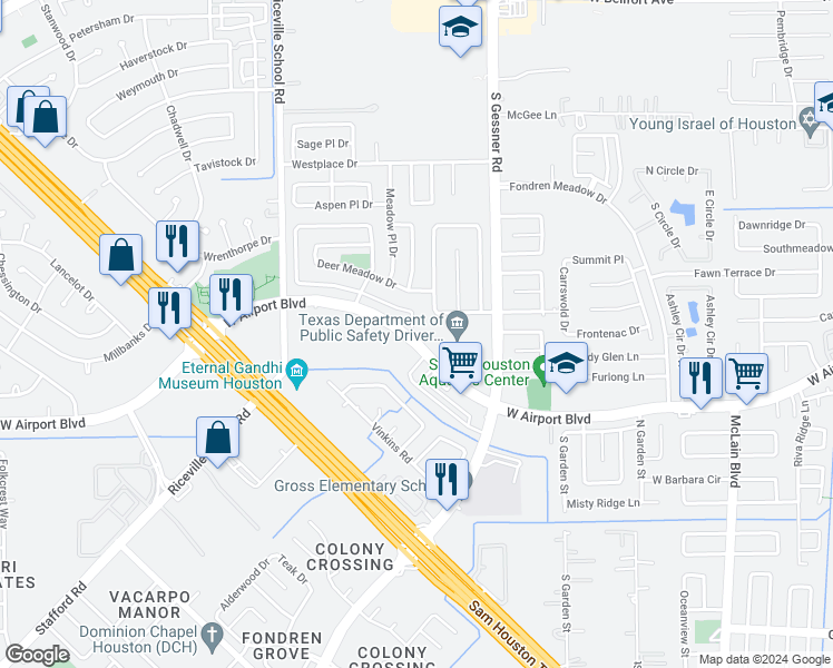map of restaurants, bars, coffee shops, grocery stores, and more near 8702 Fondren Village Drive in Houston