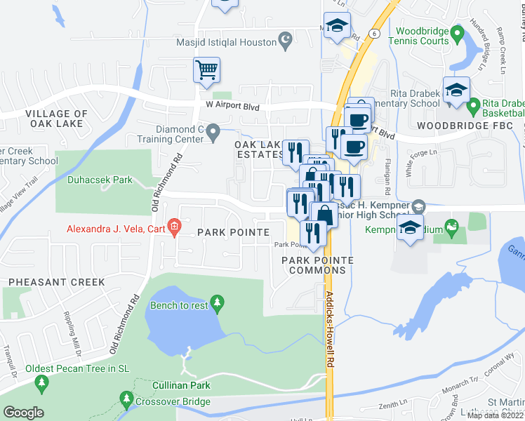 map of restaurants, bars, coffee shops, grocery stores, and more near 15272 Voss Road in Sugar Land