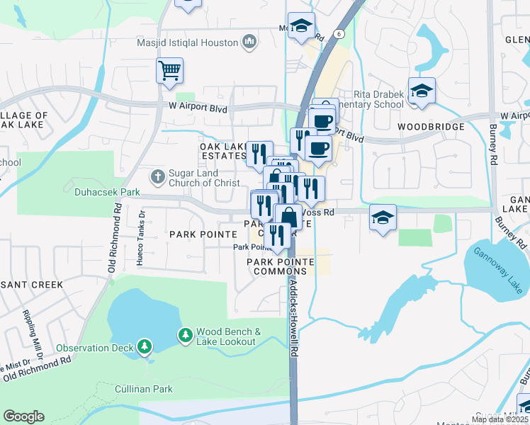 map of restaurants, bars, coffee shops, grocery stores, and more near 15140 Voss Road in Sugar Land