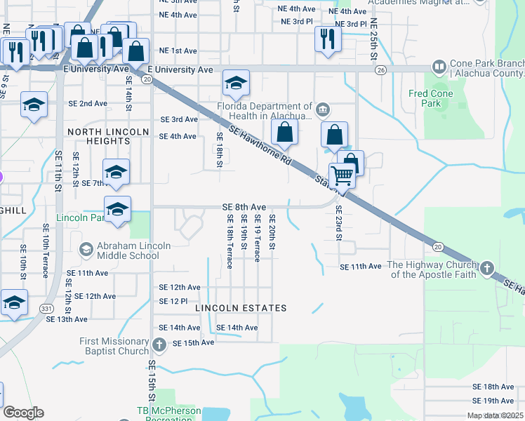 map of restaurants, bars, coffee shops, grocery stores, and more near 801 Southeast 19 Terrace in Gainesville