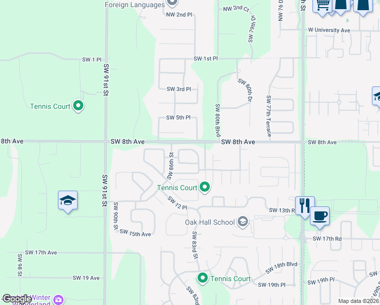 map of restaurants, bars, coffee shops, grocery stores, and more near 8429 Southwest 8th Place in Gainesville