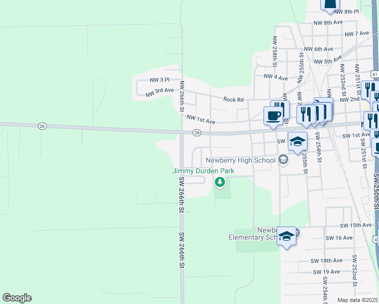 map of restaurants, bars, coffee shops, grocery stores, and more near 130 Southwest 265 Terrace in Newberry