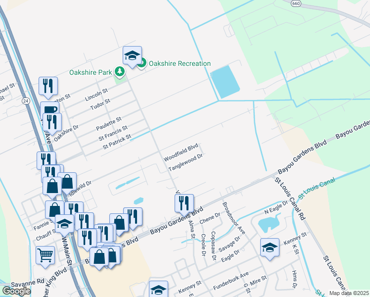 map of restaurants, bars, coffee shops, grocery stores, and more near 425 Woodfield Boulevard in Houma