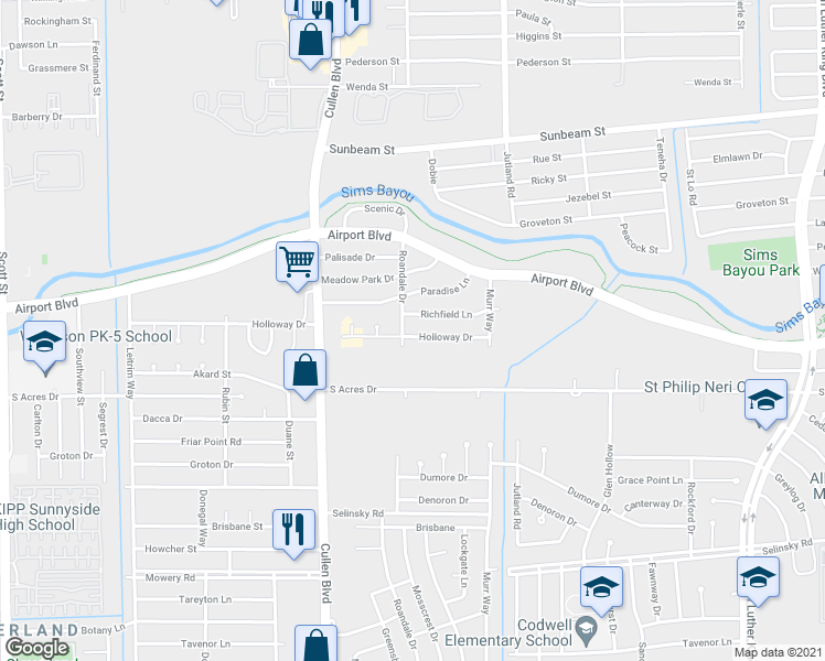 map of restaurants, bars, coffee shops, grocery stores, and more near 4905 Holloway Drive in Houston