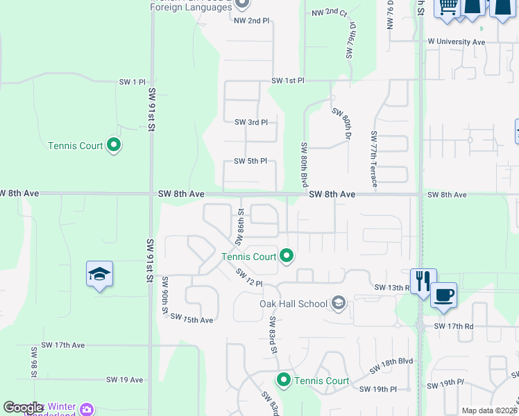 map of restaurants, bars, coffee shops, grocery stores, and more near 8429 Southwest 8th Place in Gainesville