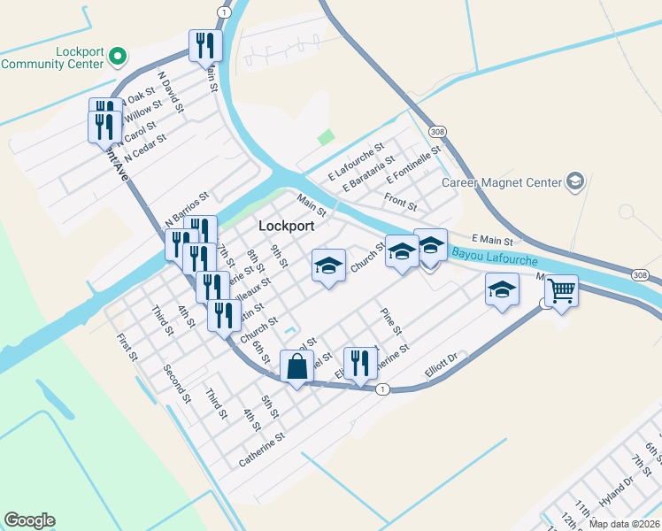 map of restaurants, bars, coffee shops, grocery stores, and more near 101 Justin Street in Lockport
