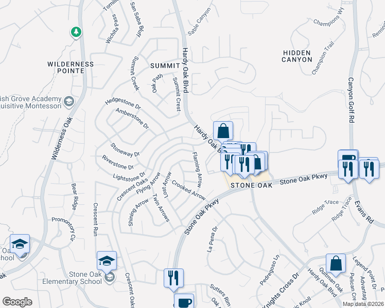 map of restaurants, bars, coffee shops, grocery stores, and more near 25154 Flying Arrow in San Antonio