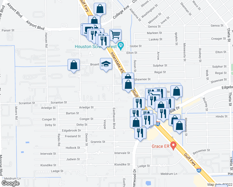 map of restaurants, bars, coffee shops, grocery stores, and more near 8621 Easthaven Boulevard in Houston