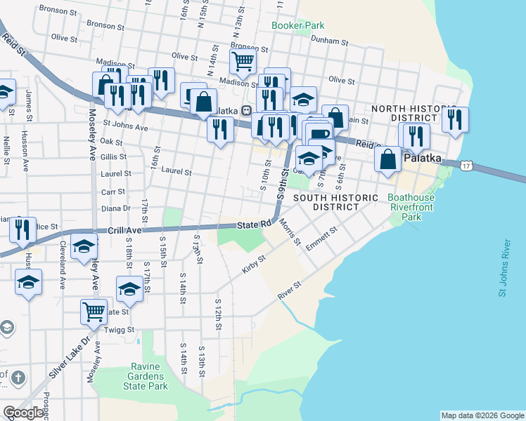 map of restaurants, bars, coffee shops, grocery stores, and more near 913 Carr Street in Palatka
