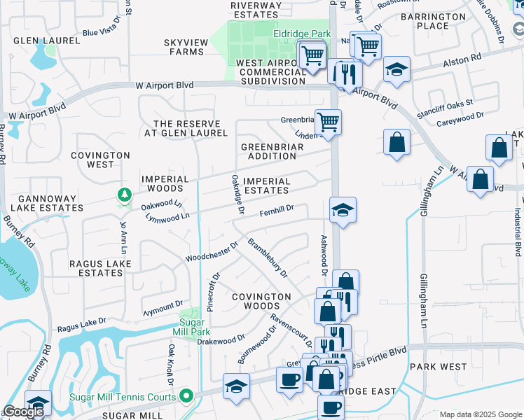 map of restaurants, bars, coffee shops, grocery stores, and more near 13614 Fernhill Drive in Sugar Land