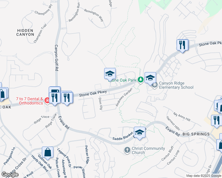 map of restaurants, bars, coffee shops, grocery stores, and more near Stone Oak Parkway in San Antonio