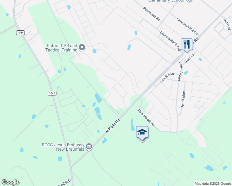 map of restaurants, bars, coffee shops, grocery stores, and more near 1420 West Klein Road in New Braunfels