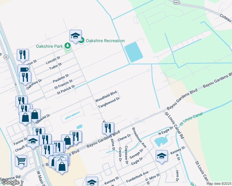 map of restaurants, bars, coffee shops, grocery stores, and more near 3299 Boxwood Drive in Houma