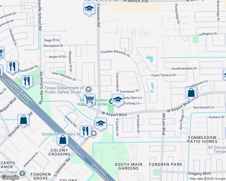 map of restaurants, bars, coffee shops, grocery stores, and more near 12203 Ripple Glen Drive in Houston