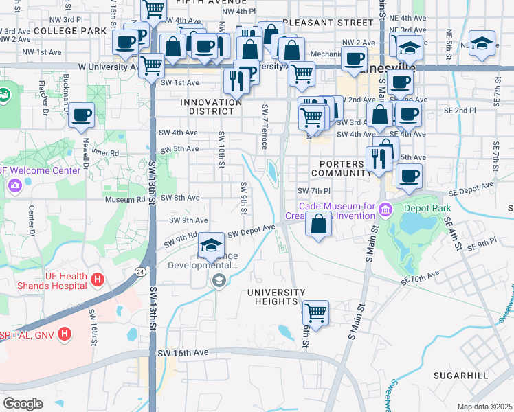 map of restaurants, bars, coffee shops, grocery stores, and more near 811 Southwest 8 Street in Gainesville